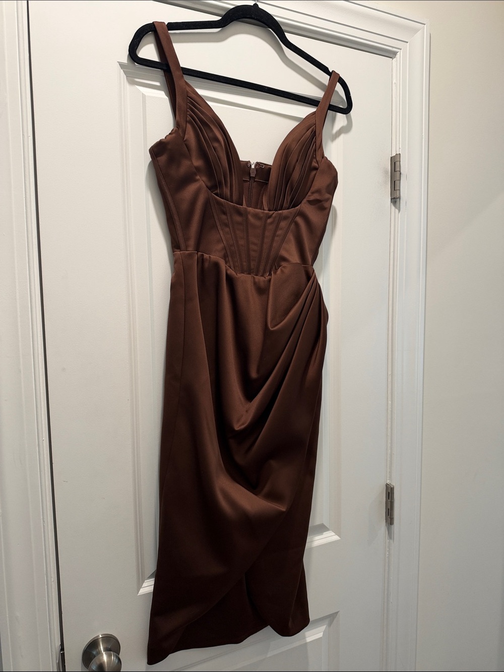 House of CB Brown Satin Draped Midi Dress